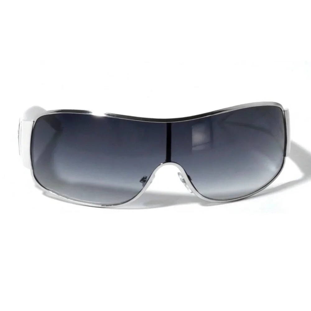 Men Shield Sunglasses Silver White Wrap Oversize Smoke Gradient Lens Performance